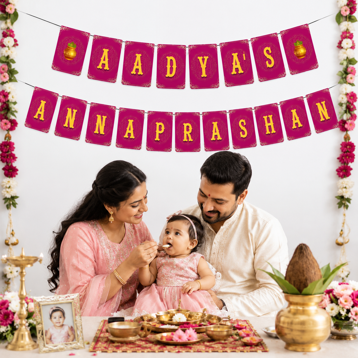 Annaprashan Decoration for Baby Girl Banner | New Born Celebration | Rice Ceremony Pink Color