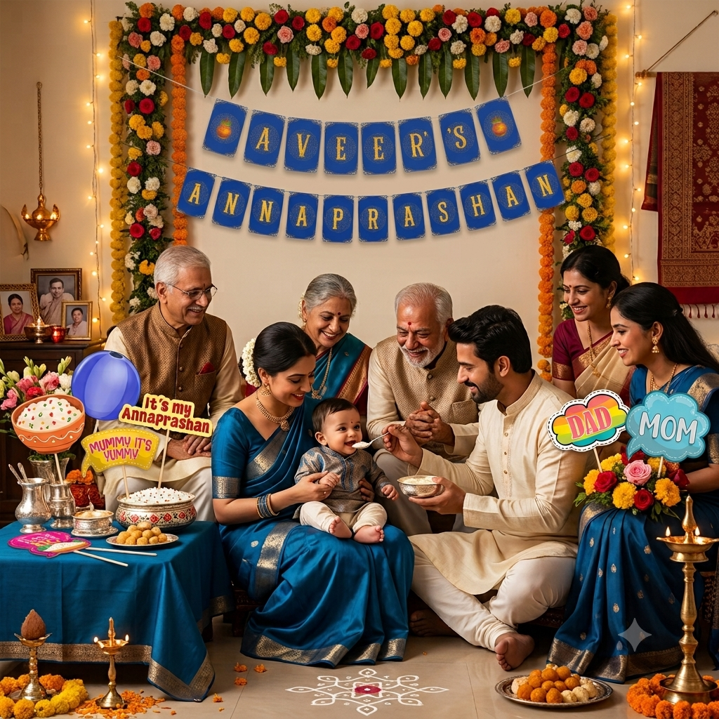 Annaprashan Decoration for Baby Boy & Baby Girl Banner| New Born Celebration | Rice Ceremony Blue Color