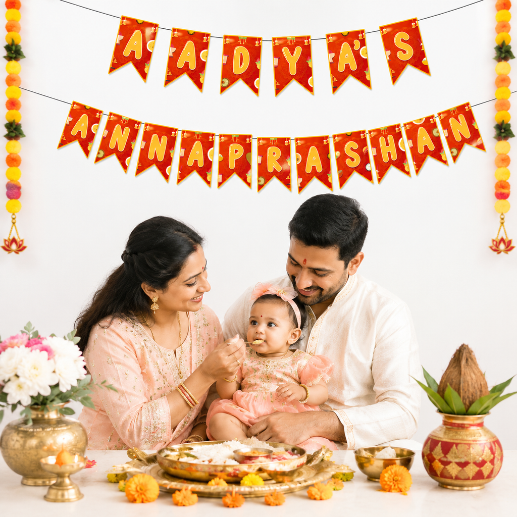 Annaprashan Decoration for Baby Boy & Baby Girl Banner | New Born Celebration | Rice Ceremony Orange Color