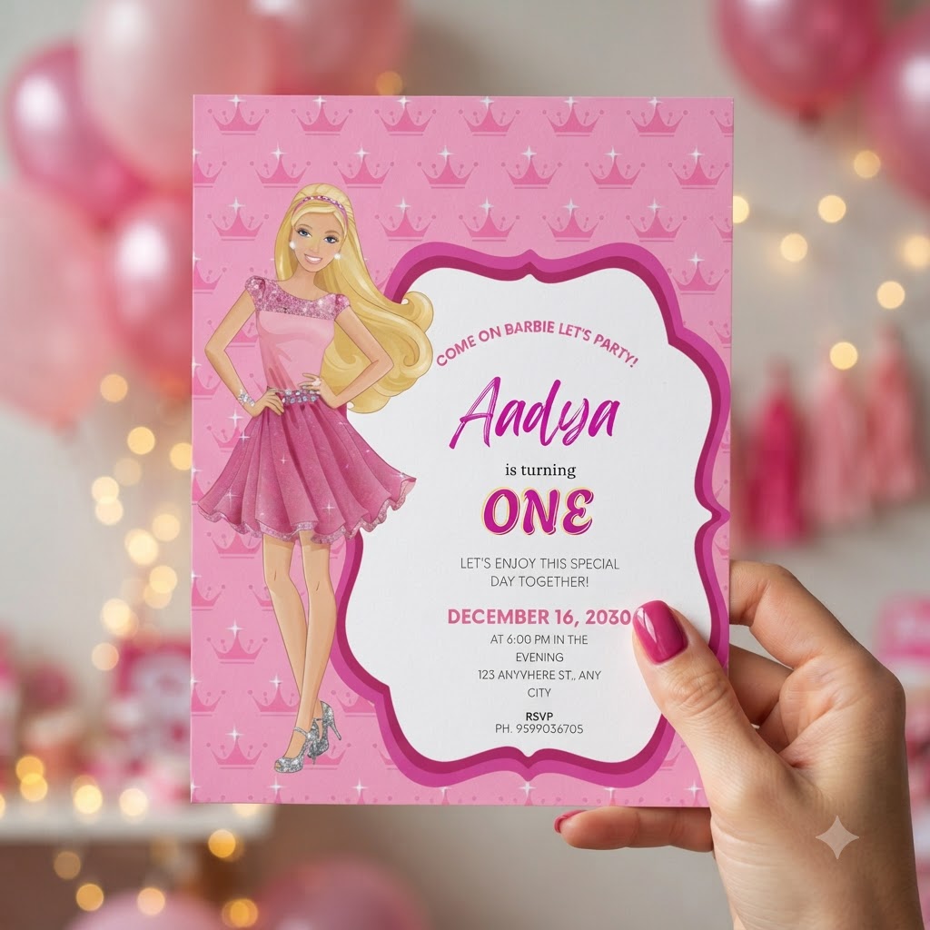 Barbie Theme Birthday Invitation Card | Personalized Party Invite