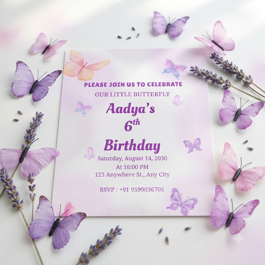 Butterfly Theme Birthday Invitation Card | Personalized Party Invite