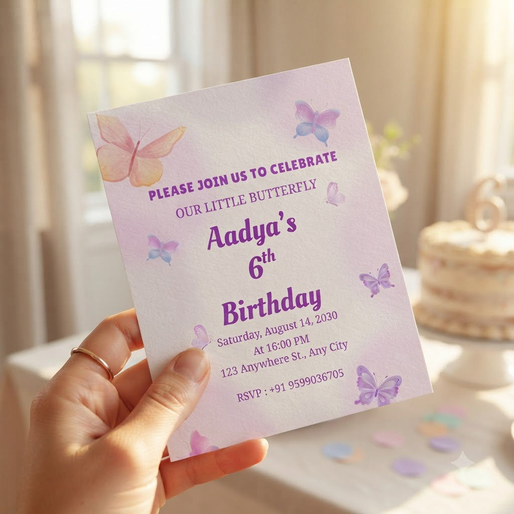 Butterfly Theme Birthday Invitation Card | Personalized Party Invite
