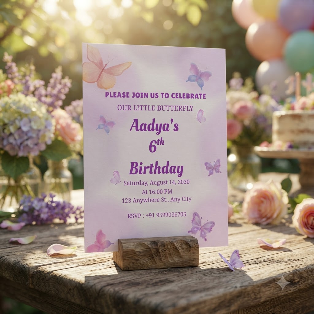 Butterfly Theme Birthday Invitation Card | Personalized Party Invite