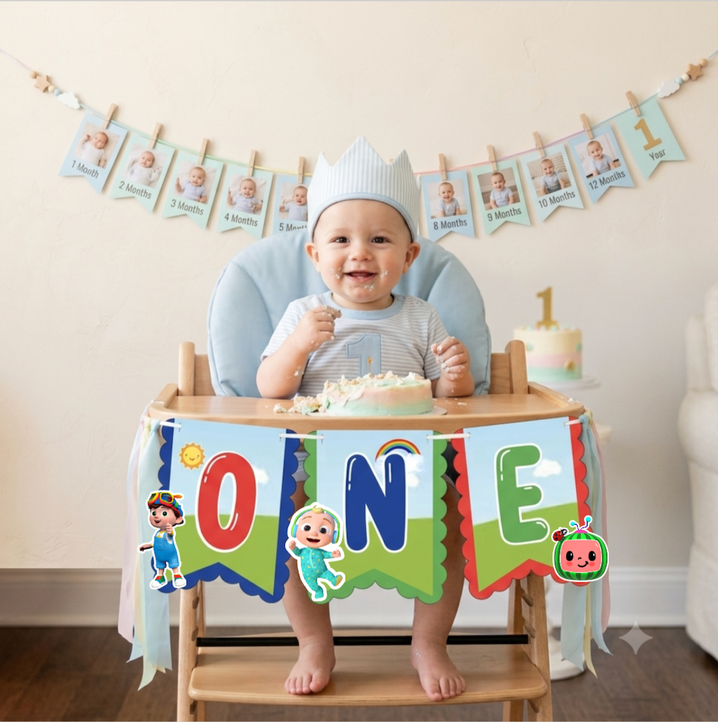 Cocomelon High Chair Banner – Printed 1st Birthday Party Decoration