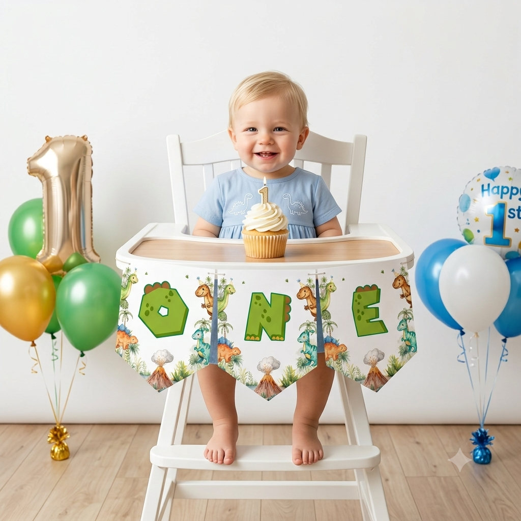 Dinosaur High Chair Banner – Printed 1st Birthday Party Decoration