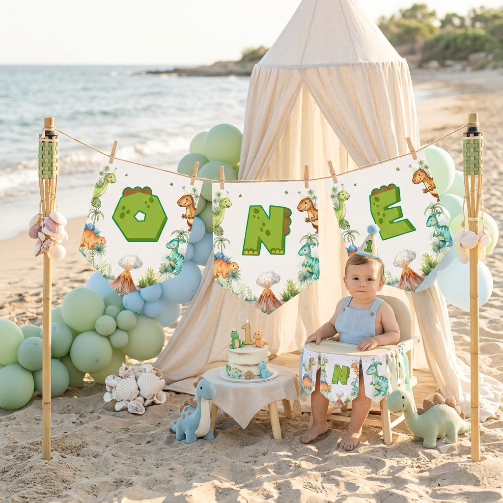 Dinosaur High Chair Banner – Printed 1st Birthday Party Decoration