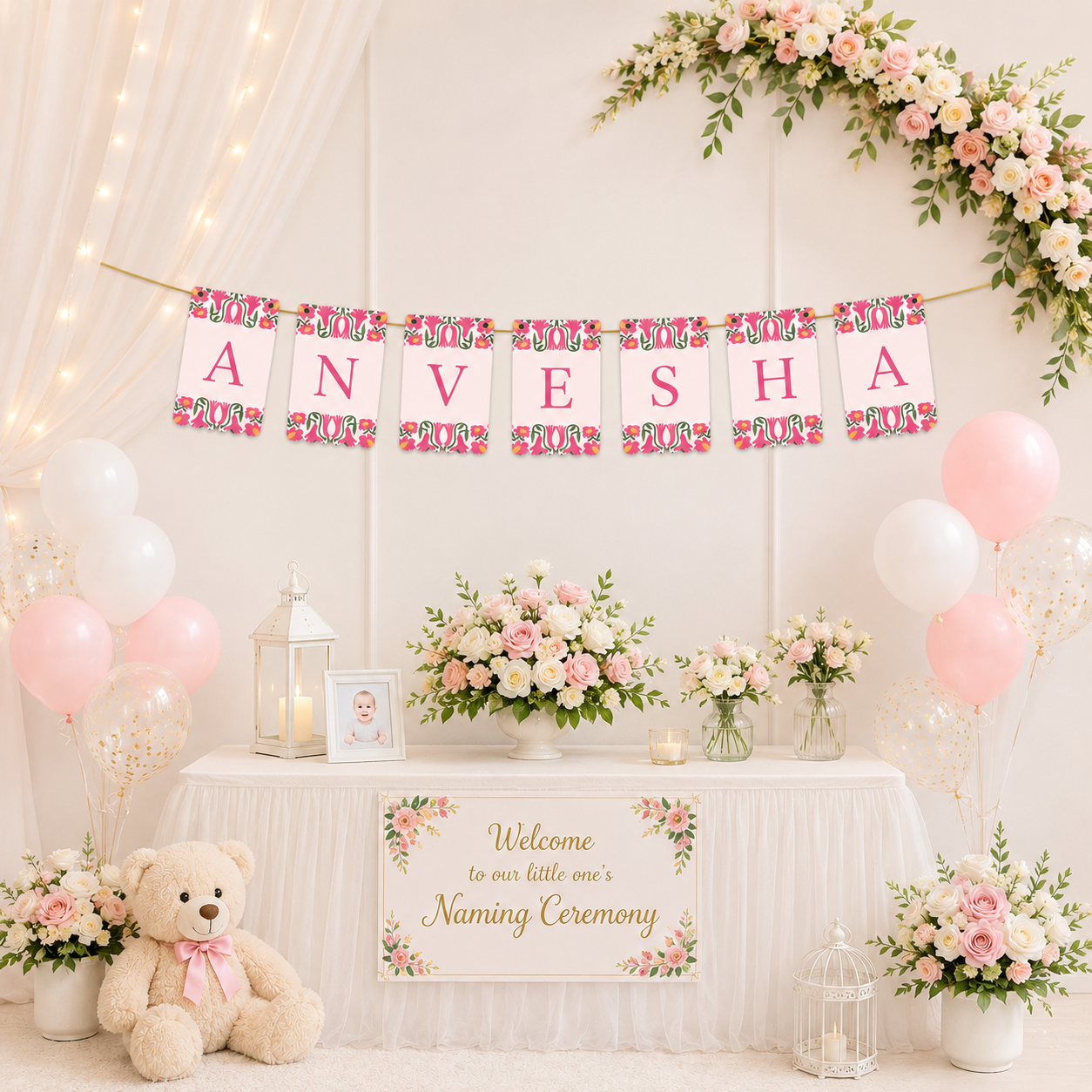 Personalized Naming Ceremony Bunting Banner | Paper Party Decor Pink Design3