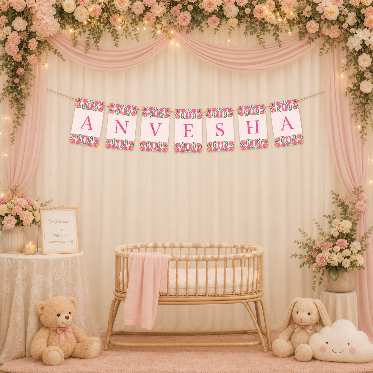 Personalized Naming Ceremony Bunting Banner | Paper Party Decor Pink Design3