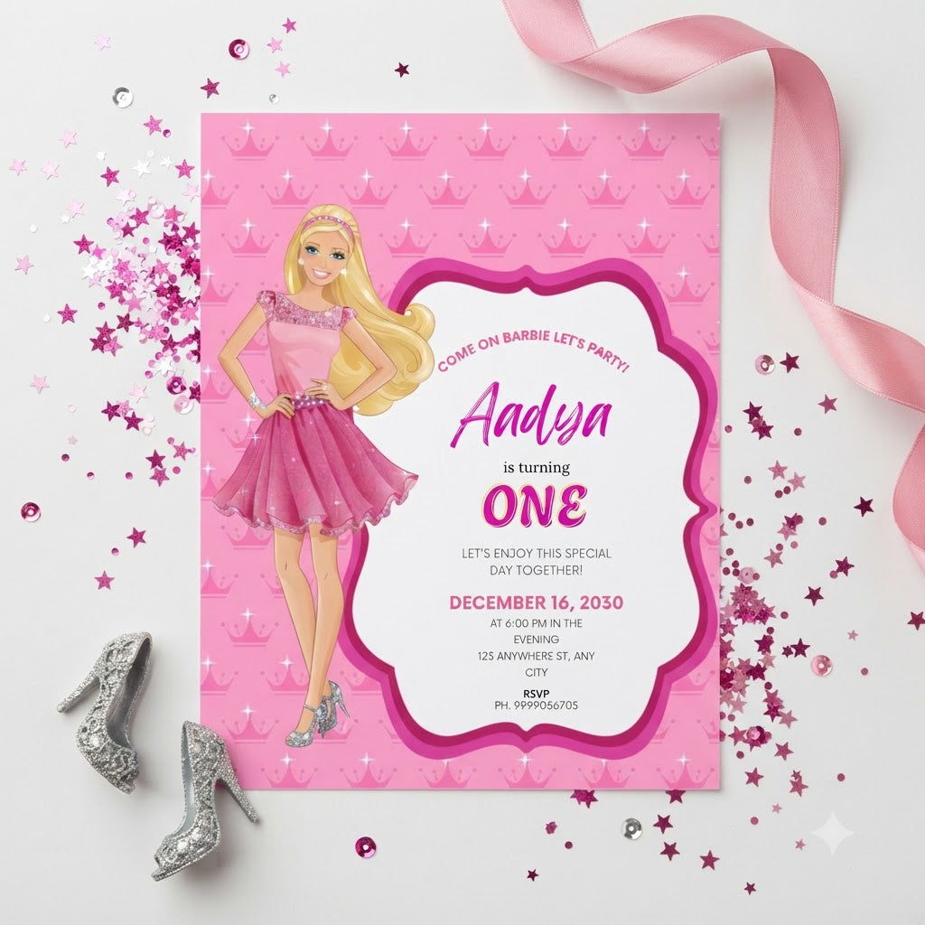 Barbie Theme Birthday Invitation Card | Personalized Party Invite
