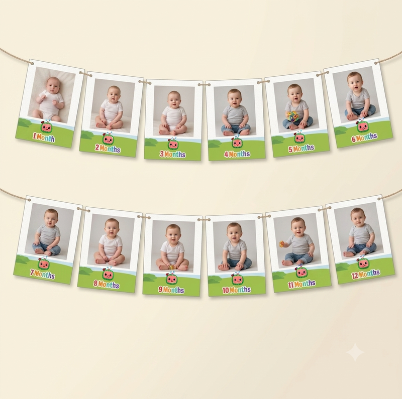 Cocomelon Birthday 12 Months Photo Banner – Printed Milestone Banner