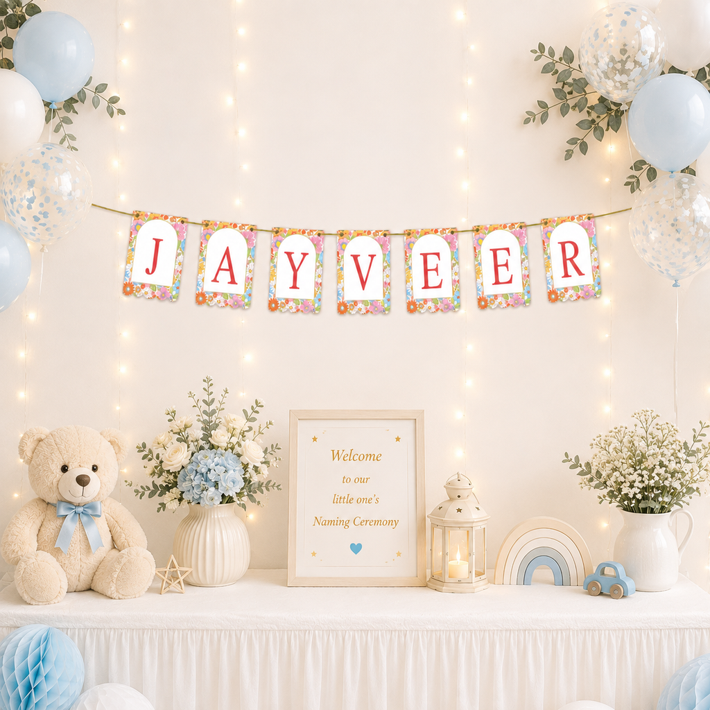 Personalized Naming Ceremony Bunting Banner | Paper Party Decor Colorful Print Design 4
