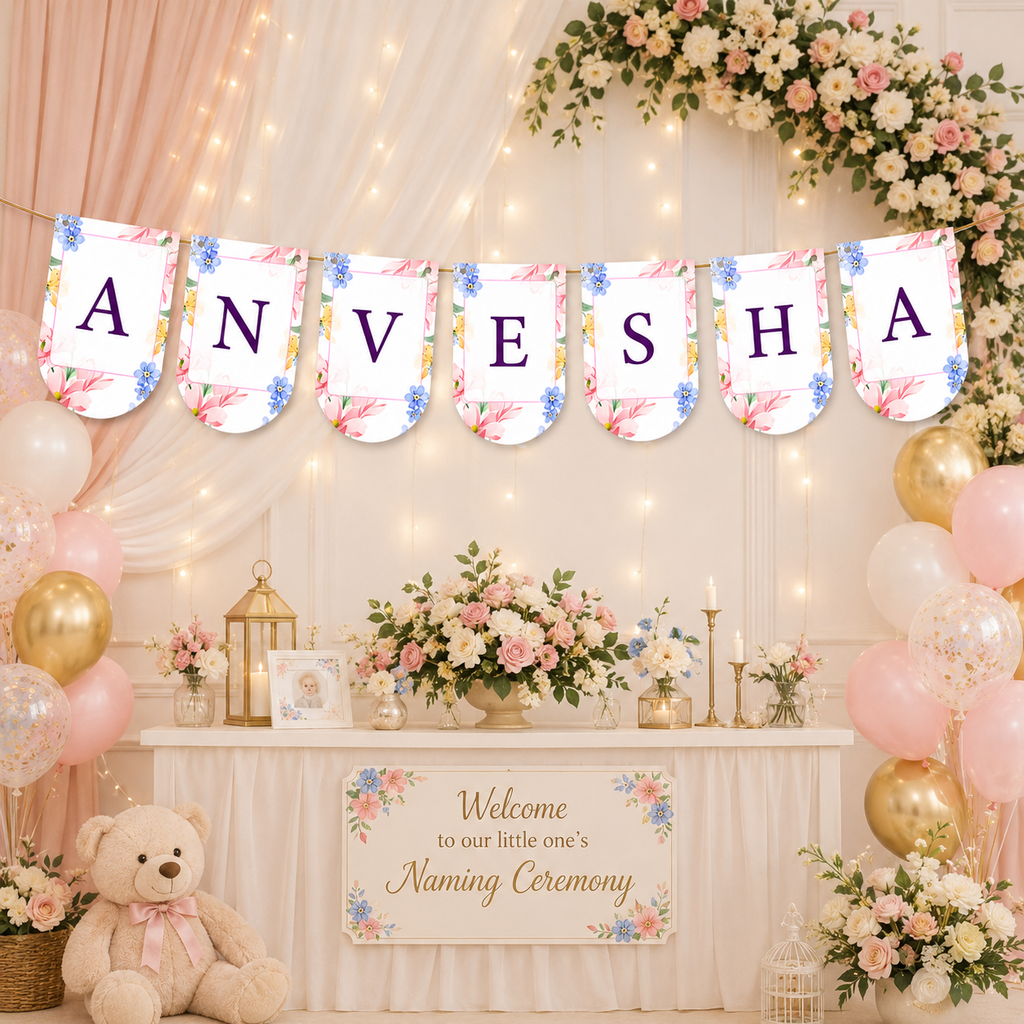 Personalized Naming Ceremony Bunting Banner | Paper Party Decor Pink Floral