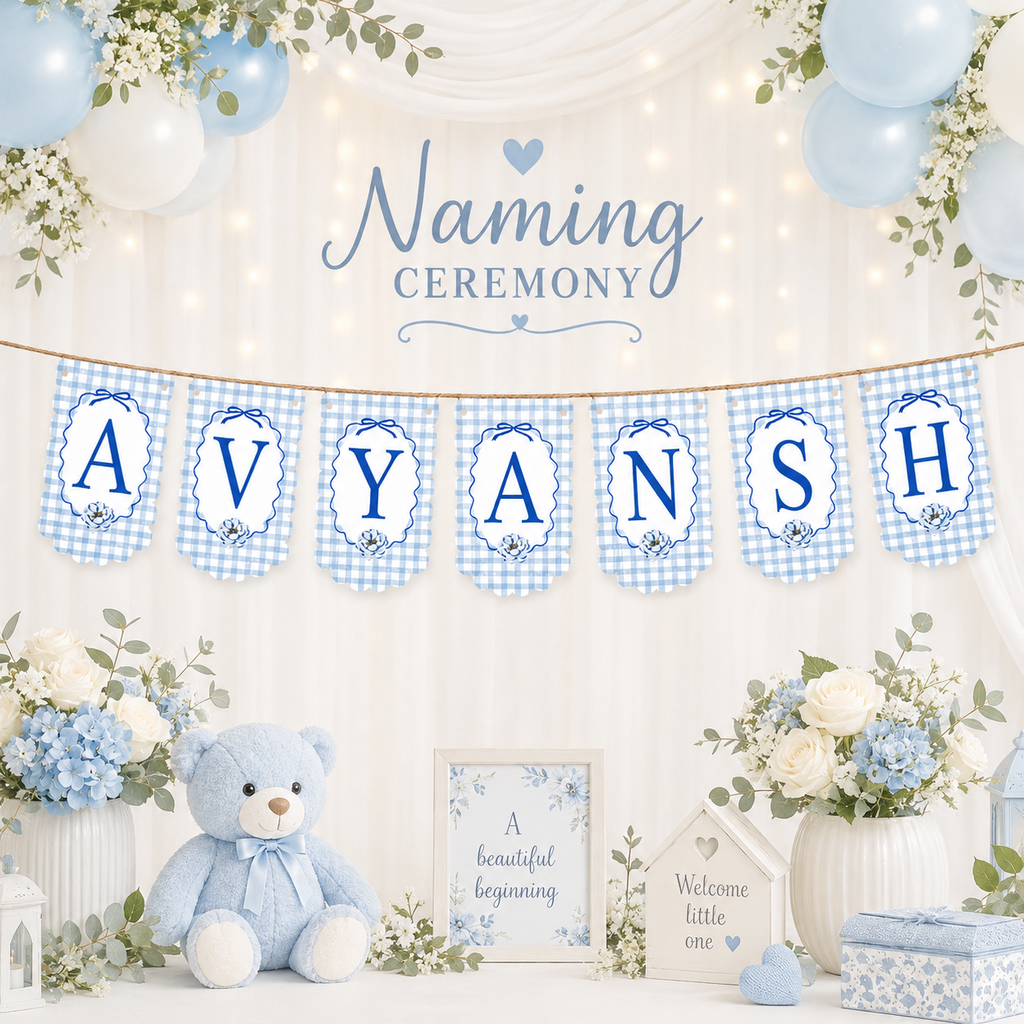 Personalized Naming Ceremony Bunting Banner | Paper Party Decor Blue